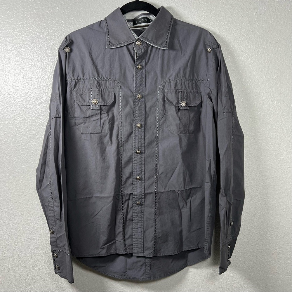 Toku‎ Gray Men's Large Long Sleeve Cotton Shirt Western Buttons Trim